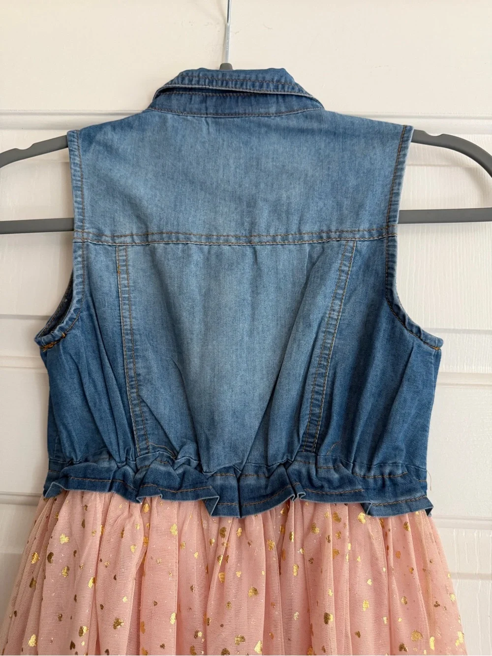 Rare Editions Denim Vest with Pink Tulle & Gold Heart Accents